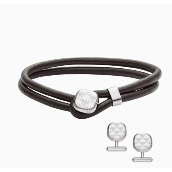 Men's Classic Eagle Leather Bracelet and Steel Cufflinks Set