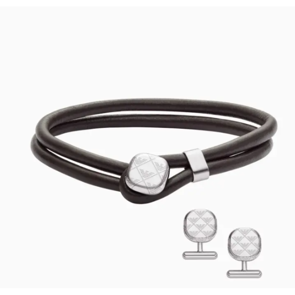 Men's Classic Eagle Leather Bracelet and Steel Cufflinks Set