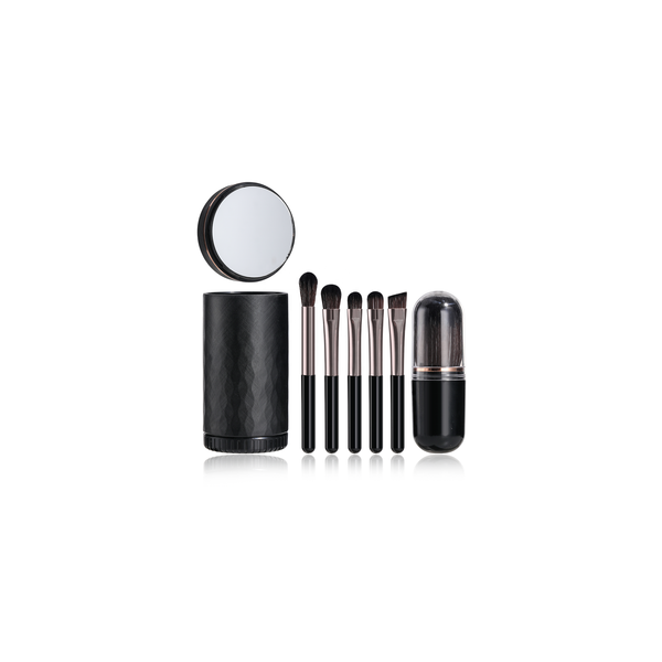 6 IN 1 Portable Mini Size Make up Brushes Kits Custom Logo Small Travel Professional Black Makeup Brushes with Mirror Holder