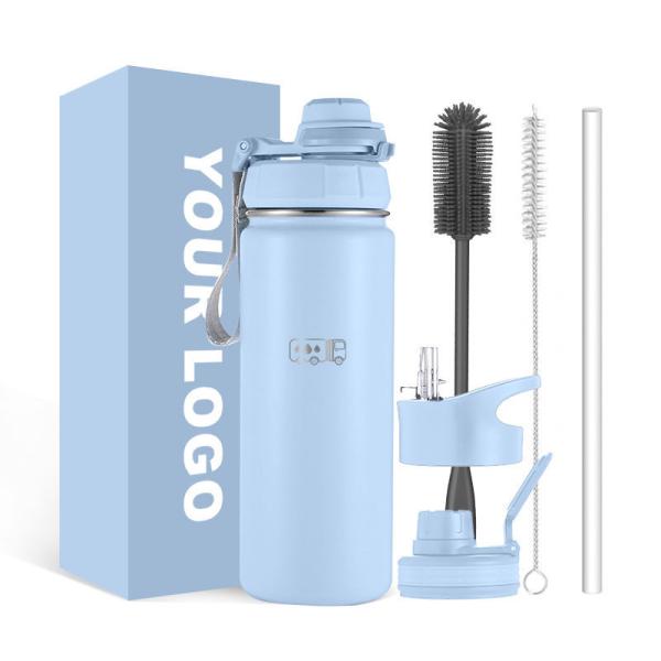 Custom Logo Capacity 22oz 32oz Stainless Steel Insulated Flask Thermos Sports Water Bottle with 3 Lids and Brush
