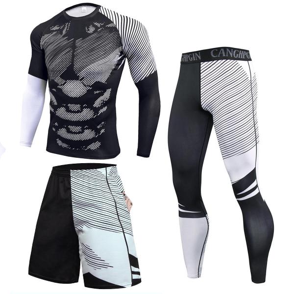Training wear set men's gym 3 piece set sports leggings supplies thermal compression shorts rash-guard