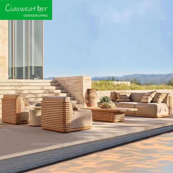 Hotel Luxury Modern Teak Outdoor Sofa Solid Wood Waterproof Sun Patio Set Hotel Garden Sofa Set Teakwood Outdoor Furniture Set