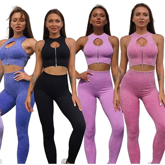 2024 Trendy Women Seamless Ribbed Sports bra High Waist Leggings Yoga Sets Washed Fitness Sets for Gym Sports Clothing