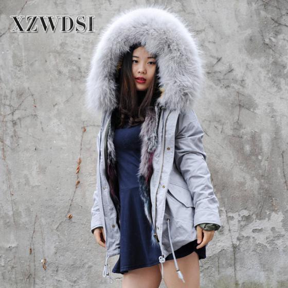 CX-G-P-05J Women Fashion Grey Parka Multicolor Fur Casual Parka Jacket